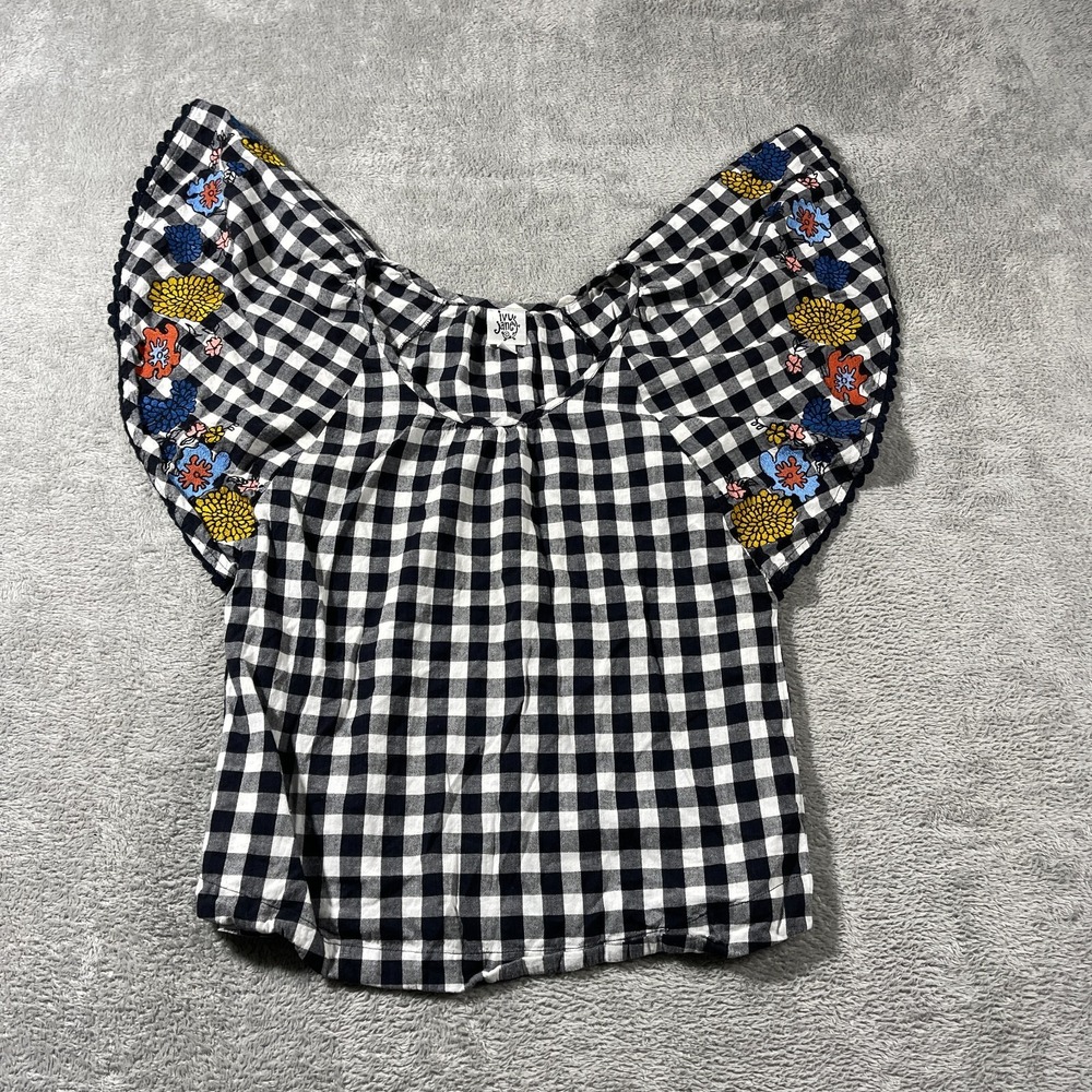 Ivy‎ Jane Plaid Top Bell Sleeve XS Black White Floral Fairy Embroidered Barn